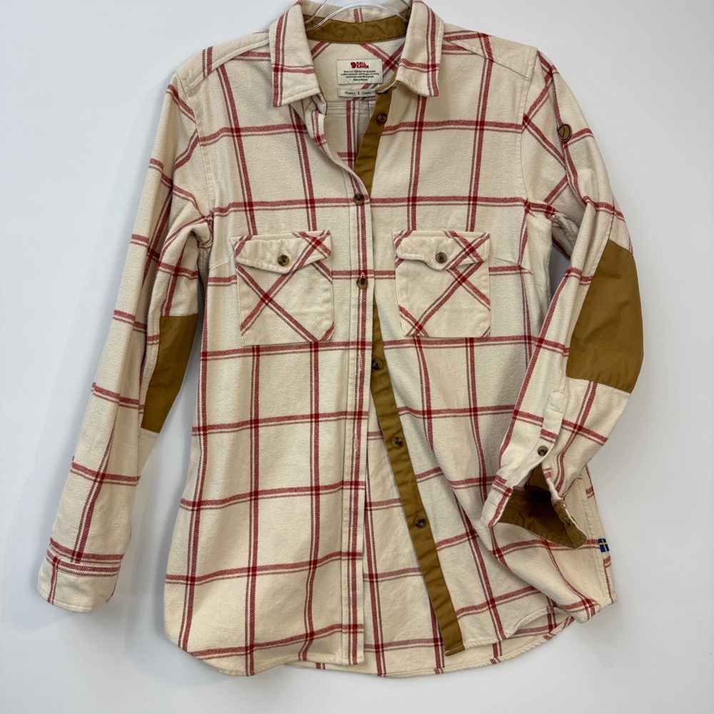 Fjallraven Ovik Twill Shirt Womens S Cream Red Plaid G-1000 Elbow Patch 84134 - Picture 6 of 12